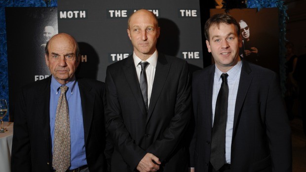 Honoree Calvin Trillin with Moth Ball hosts Jonathan Ames and Mike Birbiglia.